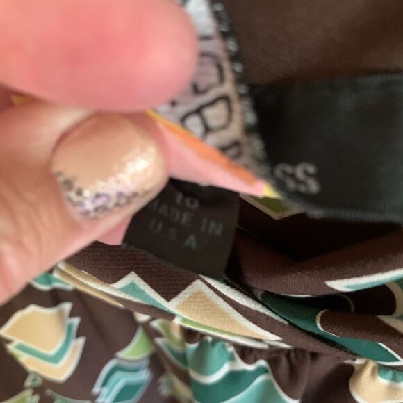 AGB geometric print brown and green retro Dress size 10 - Picture 3 of 6